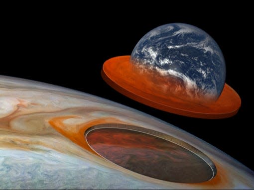 illlustration of jupiter's great red spot cut out of jupiter swallowing earth