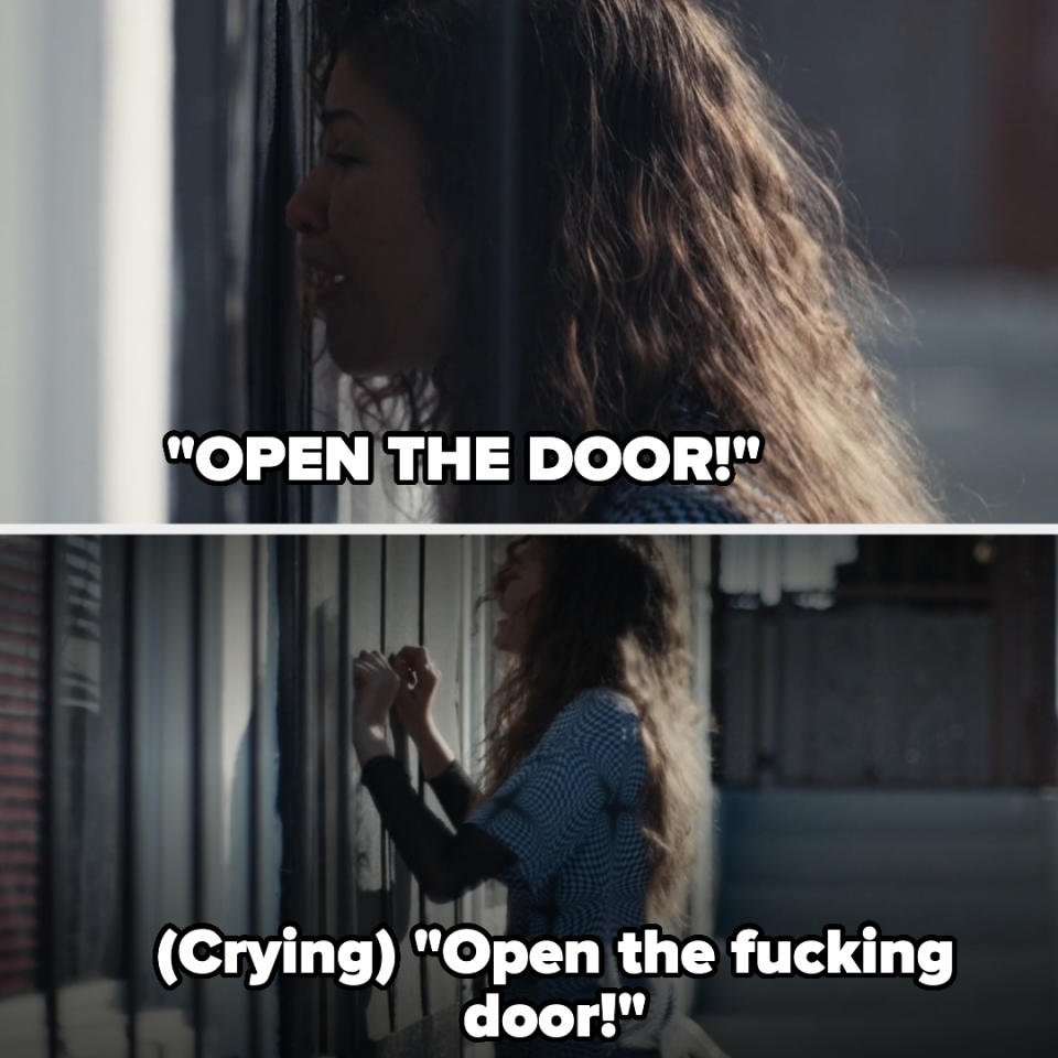 Two images show a distressed woman yelling and crying while knocking on a door. Text: "OPEN THE DOOR!" and "(Crying) 'Open the fucking door!'"