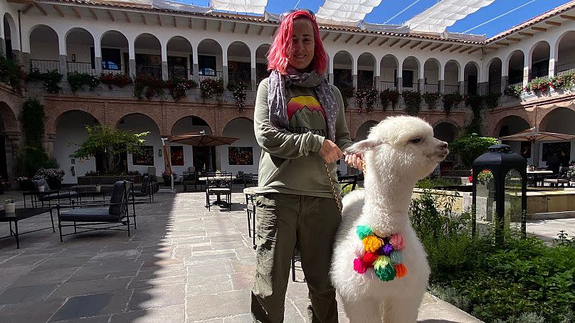 Tamara in Peru after being reunited with her suitcase.