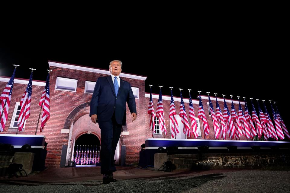 President Donald Trump walks to the stage after Vice President Mike Pence delivered a speech on the third day of the Republican National Convention at Fort McHenry in Baltimore on Aug. 26, 2020.