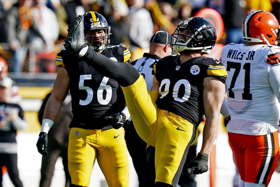 Pittsburgh Steelers linebacker T.J. Watt (90) celebrates after a sack against the Cleveland Browns in Pittsburgh on Jan. 8.