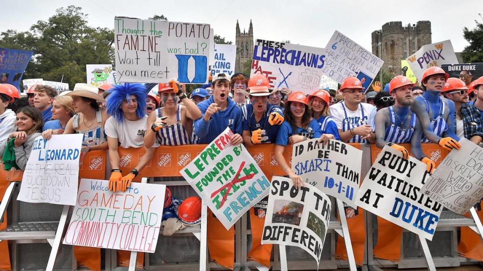 Duke Fans celebrate during ESPN’s GameDay at the Abele Quad at Duke University. ESPN’s College football pregame show, GameDay, was held at Duke University in Durham, N.C. on September 30, 2023.