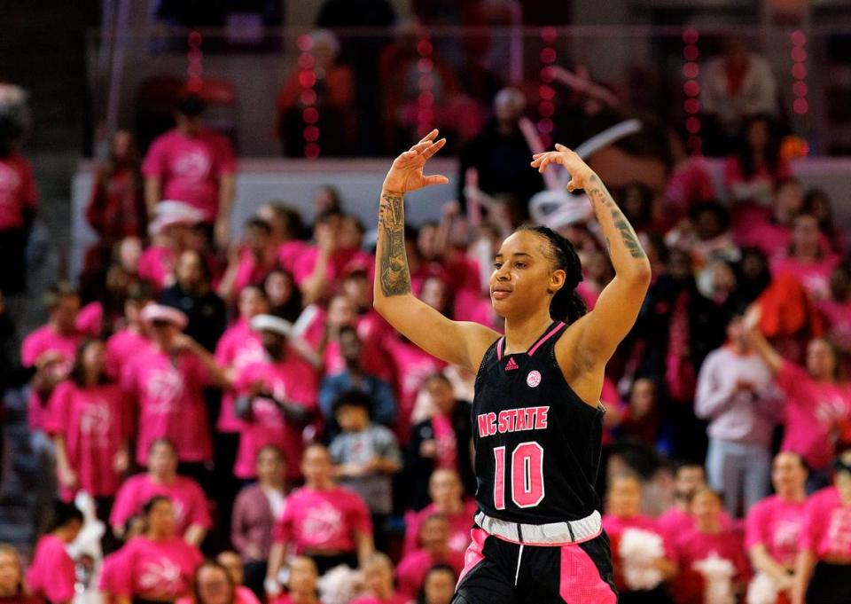 N.C. State’s Aziaha James hypes the crowd during the second half of the Wolfpack’s 77-67 win over Louisville on Monday, Feb. 5, 2024, at Reynolds Coliseum in Raleigh, N.C.