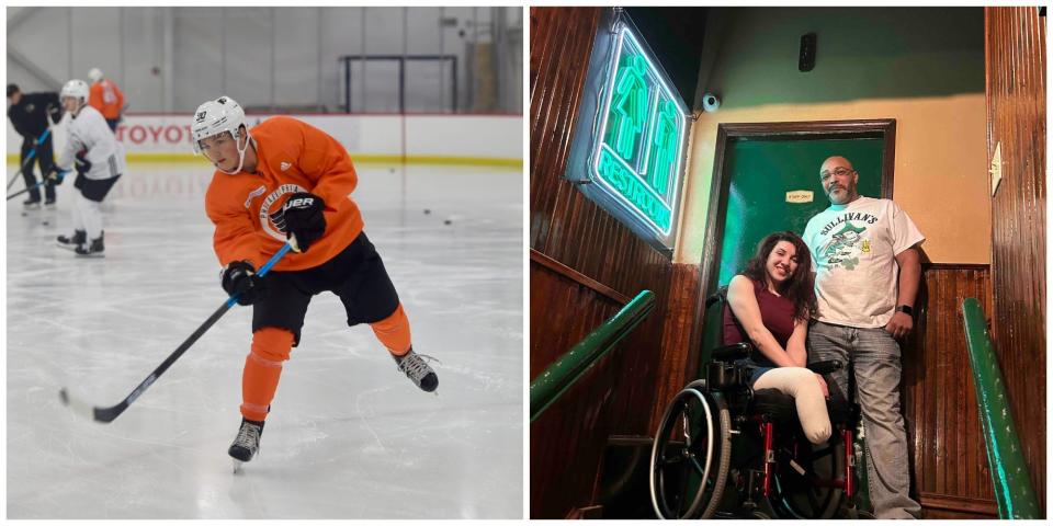 Carson Briere (left) in action at the Flyers Development Camp on June 28, 2019, Sydney Benes (right), whose wheelchair was pushed down the stairs