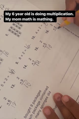 <p>Brittany Bell/Instagram</p> Golden Cannon doing a multiplication worksheet at age 6