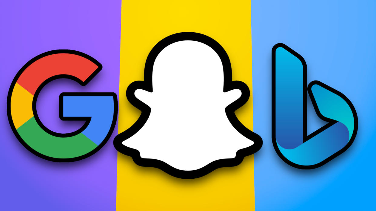  Google, Snapchat, and Microsoft Bing logos on a colorful background 