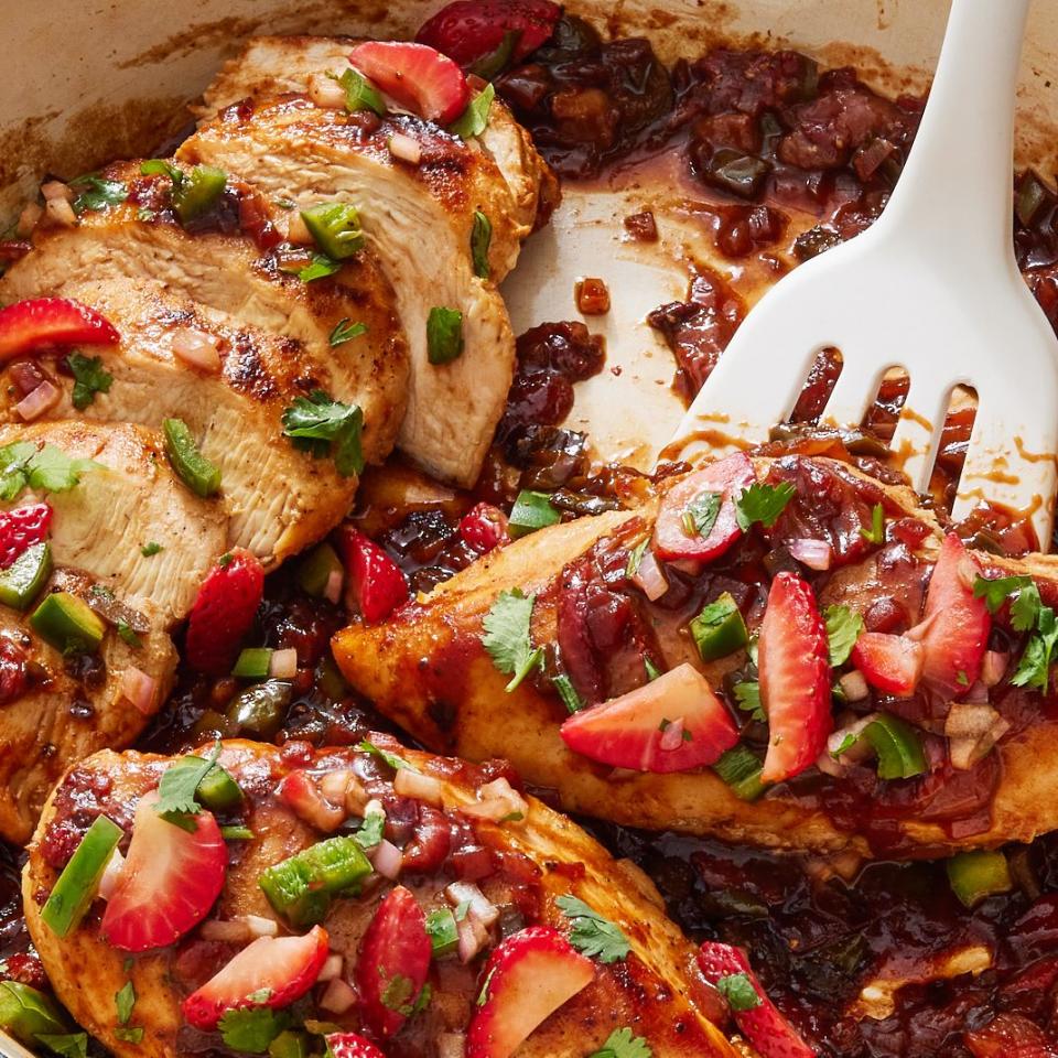 seared chicken breast smothered in smoky, spicy, chipotle jalapeno strawberry sauce and topped with strawberry jalapeno salsa