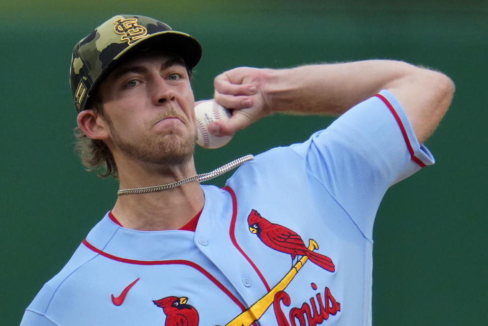 St. Louis Cardinals starting pitcher Matthew Liberatore delivers during the first inning of his first start in the major leagues during a baseball game against the Pittsburgh Pirates in Pittsburgh, Saturday, May 21, 2022. (AP Photo/Gene J. Puskar)