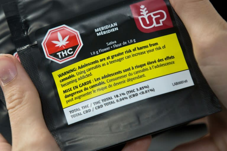 A warning label on 1gram of cannabis is seen at Up's cannabis factory in Lincoln, Ontario