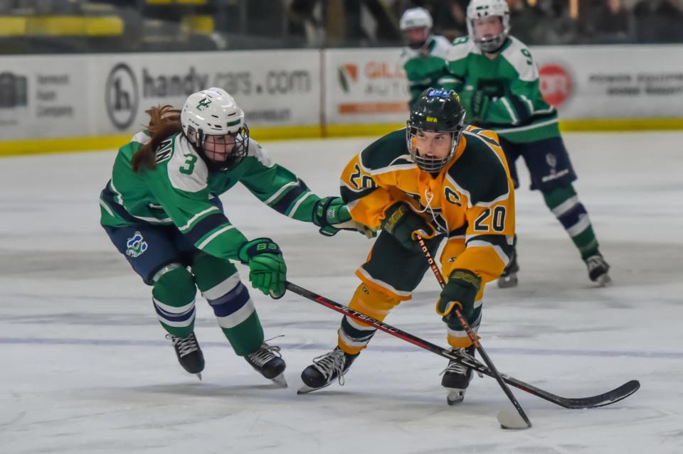 BFA St. Albans' Bri Jarvis fights through a stick check from Colchester-Burlington's Bianca Flanagan during the Comets' 3-2 finals loss to the Sealakers on Thursday evening at UVM's Gutterson Fieldhouse.