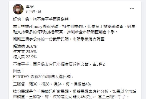 韋安分析新總統大選民調。（圖／翻攝韋安臉書）