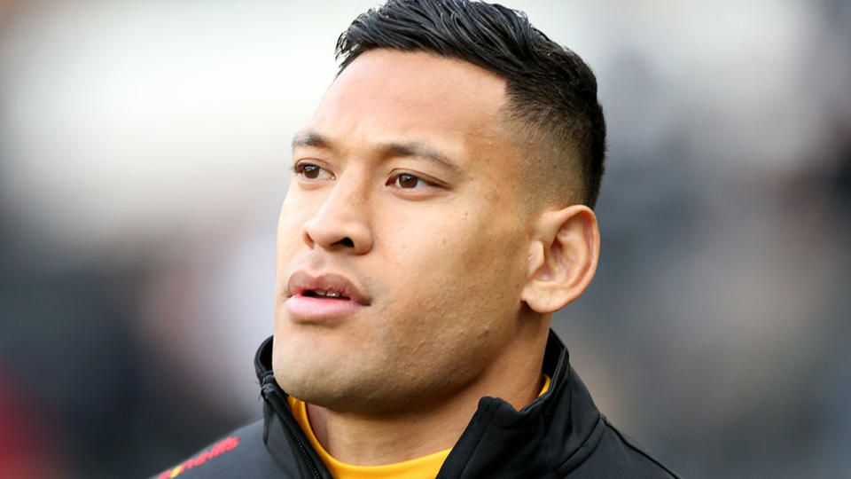 Pictured here, Israel Folau gets ready to run our for the Catalans Dragons in Super League.