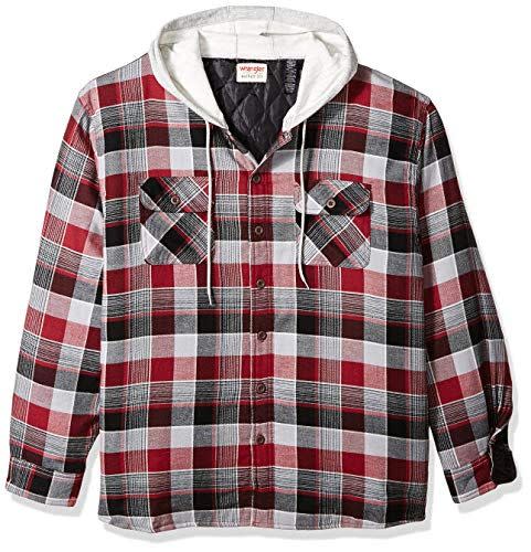 2) Wrangler Authentics Men's Long Sleeve Quilted Lined Flannel Shirt Jacket with Hood, Biking Red, Large