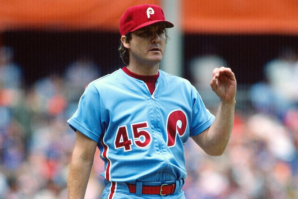 Pitcher Tug McGraw #45 of the Philadelphia Phillies looks over to first base from the mound against the New York Mets during an Major League Baseball game circa 1980 at Shea Stadium in the Queens borough of New York City.
