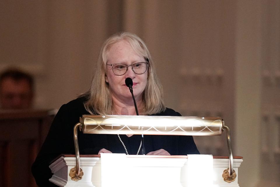 Amy Carter speaks during a tribute service for former first lady Rosalynn Carter at Glenn Memorial Church at Emory University on Tuesday, Nov. 28, 2023, in Atlanta. (AP Photo/Brynn Anderson, Pool)