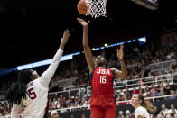 U.S. forward Nneka Ogwumike (16) shoots as Stanford forward Francesca Belibi, left, defends in the second quarter of an exhibition women's basketball game, Saturday, Nov. 2, 2019, in Stanford, Calif. (AP Photo/John Hefti)