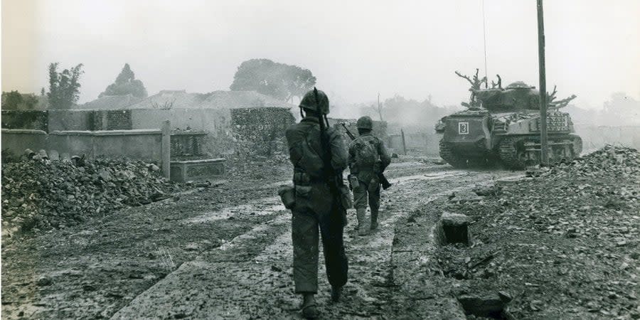 American soldiers after landing on Okinawa, Japan, May 1945