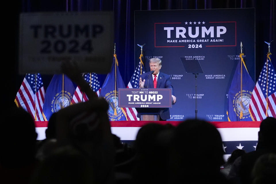 Republican presidential candidate former President Donald Trump speaking during a campaign stop in Rochester, N.H., Sunday, Jan. 21, 2024. (AP Photo/Charles Krupa)