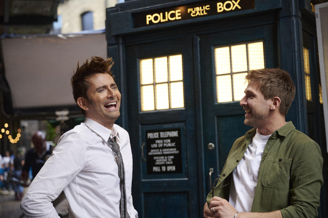 David Tennant with Steffan Powell behind-the-scenes on Doctor Who: Unleashed. (BBC)