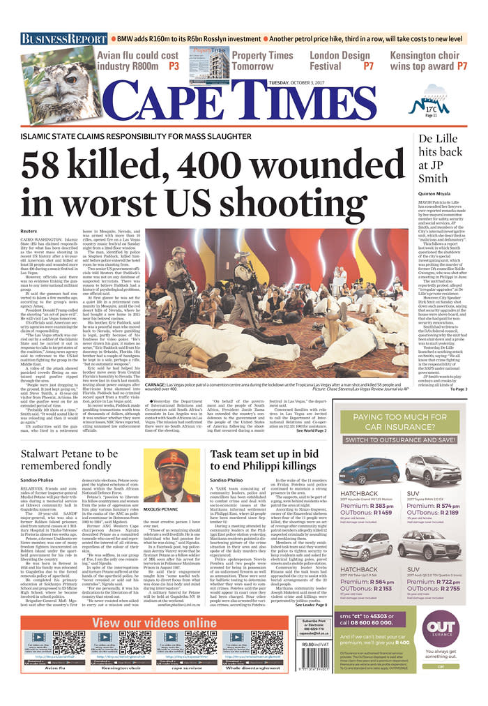 <p>“Cape Times,” published in Cape Town, South Africa. (newseum.org) </p>