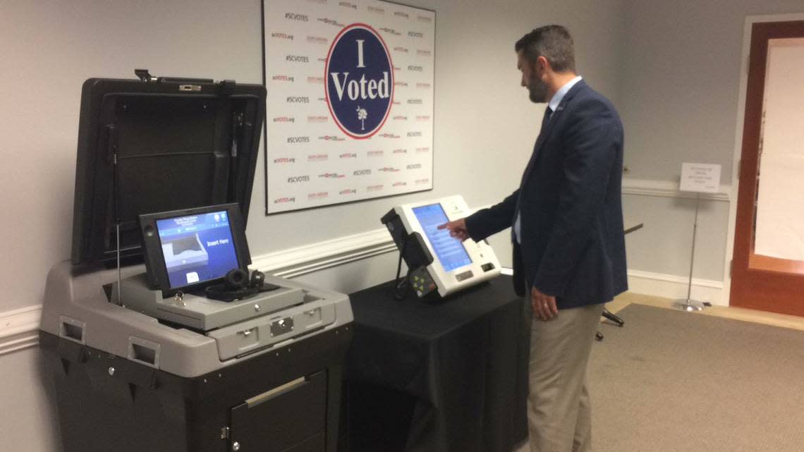 South Carolina election officials demonstrate how to use a new $51 million voting system, slated to be in place for all 2020 elections. The new machines will replace the state’s aging, paperless system that has drawn increasing scrutiny and raised questions about whether a system that leaves no paper trail could be vulnerable to hacking.