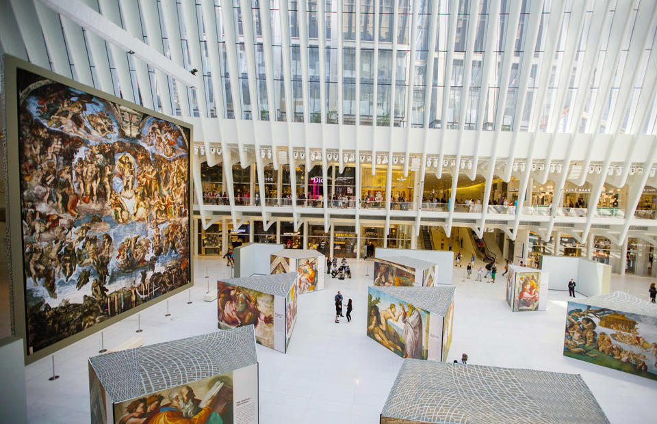 <p>Visitors view the “Up Close: Michelangelo’s Sistine Chapel” re-creation exhibit at the Oculus at Westfield World Trade Center in New York. The exhibit features 34 reproductions, including “The Creation of Adam” and “The Last Judgement.” (AP Photo/Michael Noble Jr.) </p>