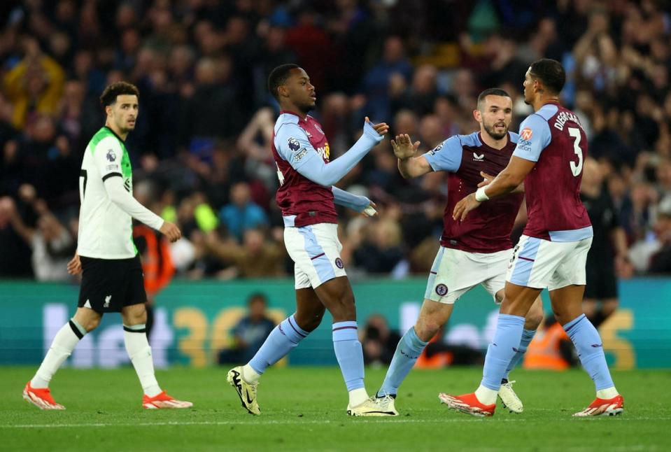 Aston Villa's Jhon Duran (centre) celebrates scoring the side’s second goal  (Action Images via Reuters)