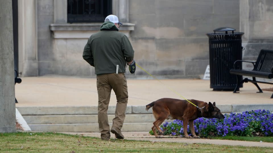 A dog patrols the Mississippi State Capitol grounds after a bomb threat at the state building on Wednesday morning. - Rogelio V. Solis/AP