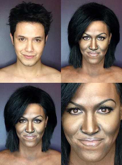 Makeup artist Paolo Ballesteros transforms himself into Michelle Obama.