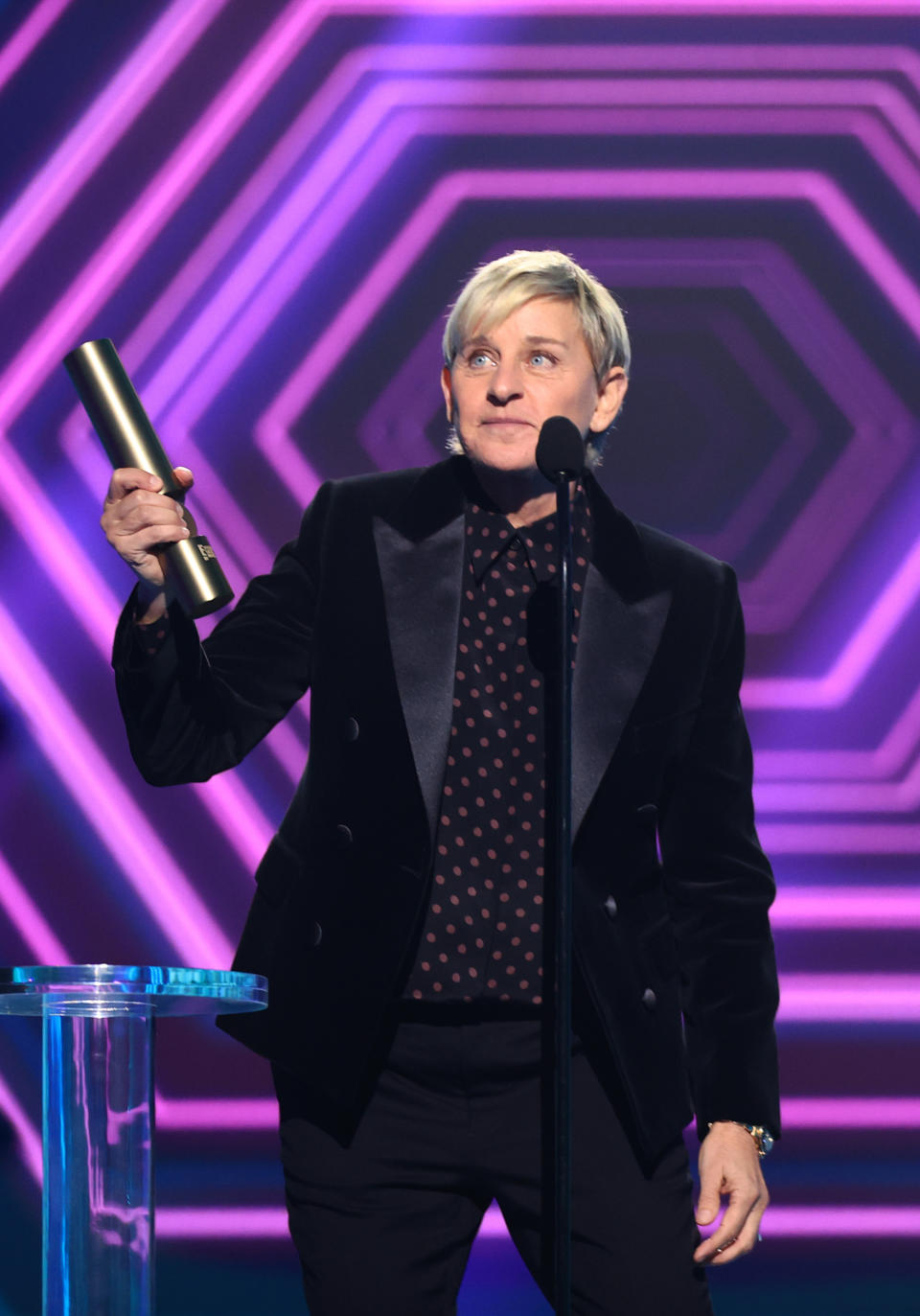  Ellen DeGeneres accepts the award for The Daytime Talk Show of 2020 onstage for the 2020 E! People's Choice Awards held at the Barker Hangar in Santa Monica, California and on broadcast on Sunday, November 15, 2020. 