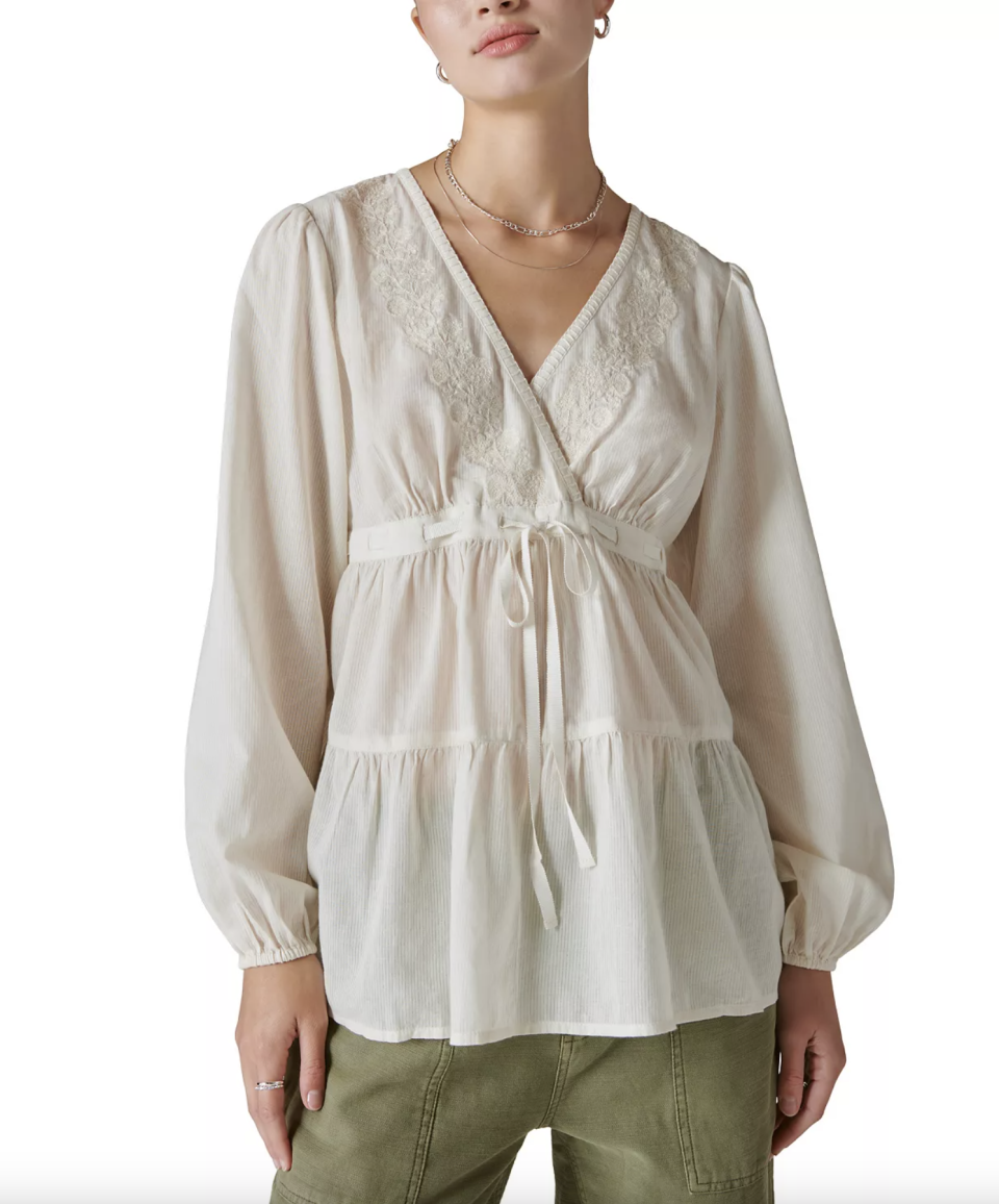 Lucky Brand Women's Embroidered Cotton Babydoll Top