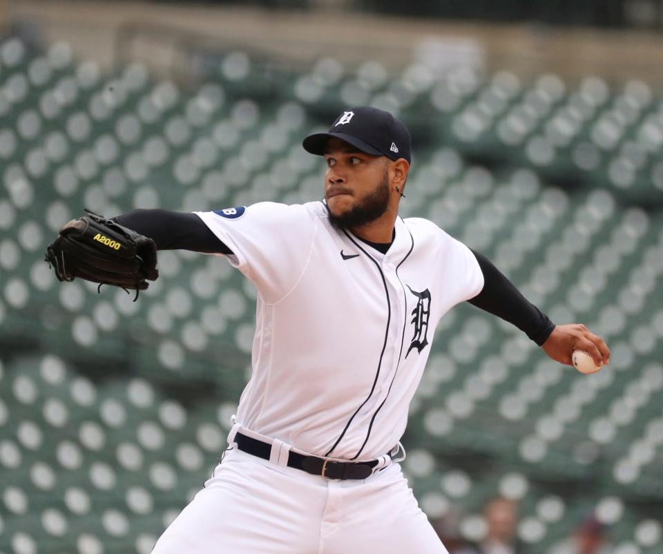 Tigers starter Eduardo Rodriguez pitches against the Boston Red Sox during first inning action Wednesday, April 13, 2022, at Comerica Park in Detroit.