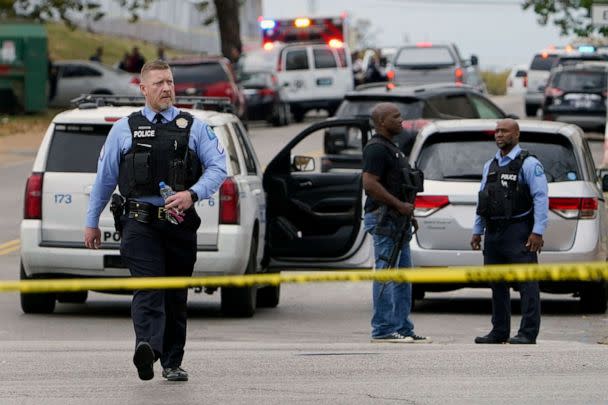 PHOTO: Law enforcement investigate the scene of a shooting at Central Visual and Performing Arts High School, on Oct. 24, 2022, in St. Louis. (Jeff Roberson/AP)