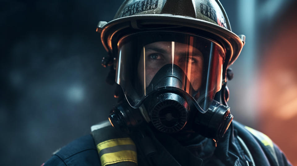 A close-up of a firefighter in full gear, monitoring a fire safety drill.