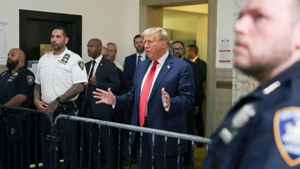 PHOTO: Former President Donald Trump speaks to the press as he arrives at a Manhattan courthouse in a civil fraud case brought by state Attorney General Letitia James, in New York City, Oct. 3, 2023. (Shannon Stapleton/Reuters)