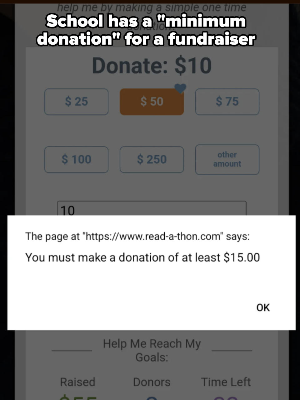 The page requires a minimum donation of $15.00 for the "Read-a-thon" donation, despite the options provided for $10 and higher. There is an OK button to close the message