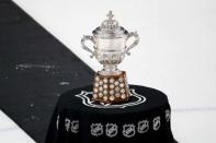 May 21, 2019; St. Louis, MO, USA; The Clarence S. Campbell Bowl awaits to be presented to the St. Louis Blues after their win over the San Jose Sharks in game six of the Western Conference Final of the 2019 Stanley Cup Playoffs at Enterprise Center. The St. Louis Blues won 5-1. Mandatory Credit: Billy Hurst-USA TODAY Sports