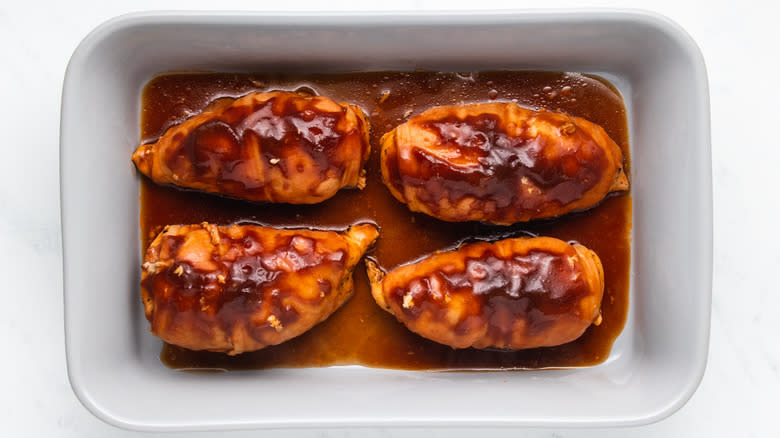 Barbecue chicken in baking dish