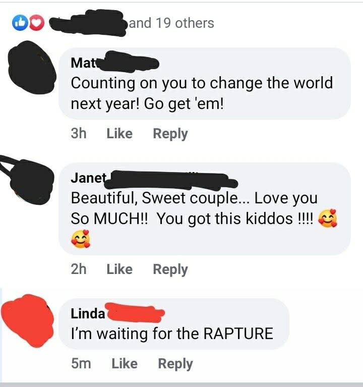 a person named linda commenting i'm waiting for the rapturre on an unrelated post