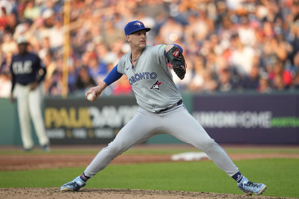 Toronto Blue Jays' Bowden Francis pitches to a Cleveland Guardians batter during the second inning of a baseball game Friday, June 21, 2024, in Cleveland. (AP Photo/Sue Ogrocki)