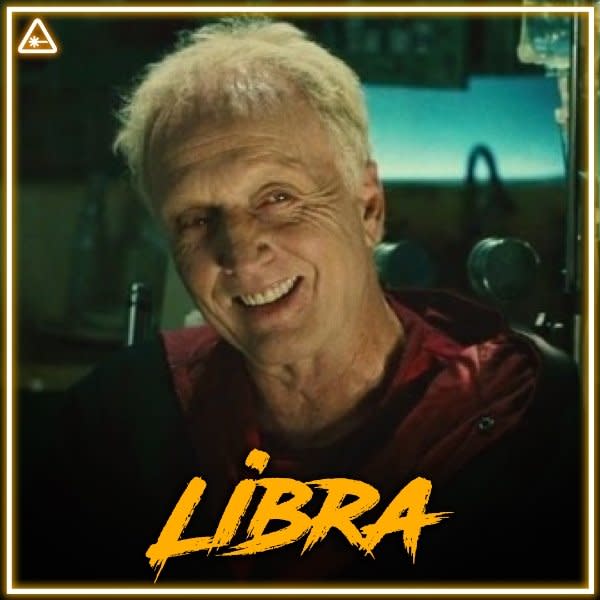 image of jigsaw horror villain with libra in scrawling orange letters at the bottom for his zodiac sign