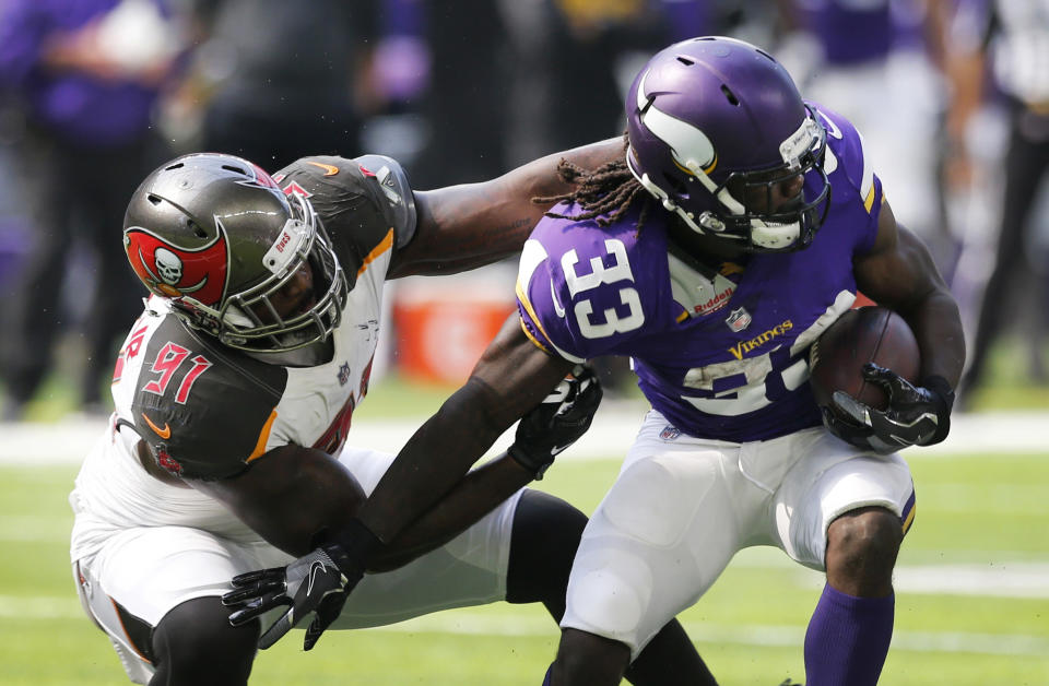 Minnesota Vikings running back Dalvin Cook is tough to trust behind a struggling offensive line. (AP Photo/Jim Mone, File)