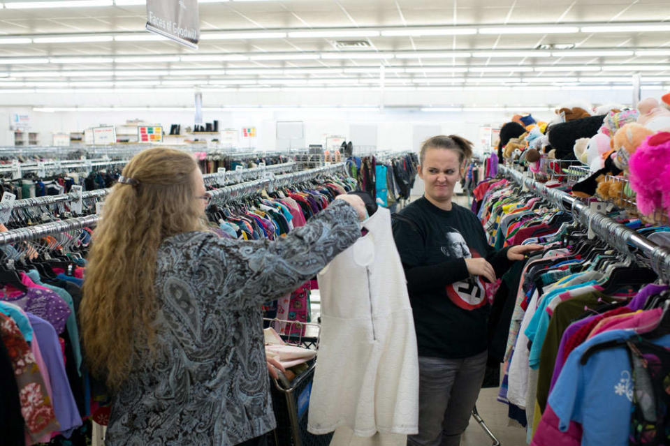 <div class="inline-image__caption"><p>"Sabrina, 13 weeks pregnant, goes clothes shopping for her family at the local Goodwill. The last time she shopped here, her six-year-old daughter yelled “look momma, a n*gger,” referring to a black employee, to whom Sabrina later apologized to. According to a 2014 census, blacks make up 0.08% of their county’s population."</p></div> <div class="inline-image__credit">Courtesy Anthony S. Karen</div>