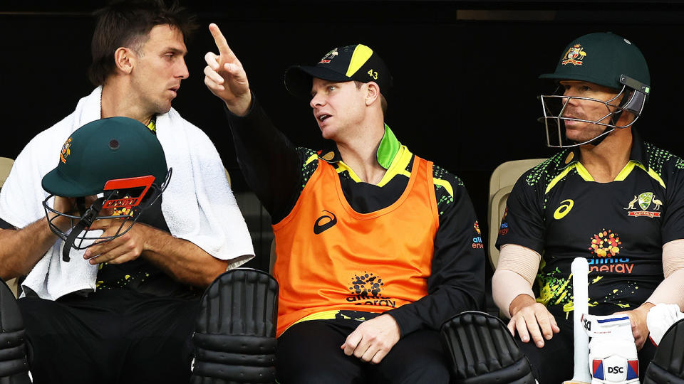 Mitchell Marsh, Steve Smith and David Warner, pictured here during the first T20 between Australia and England.