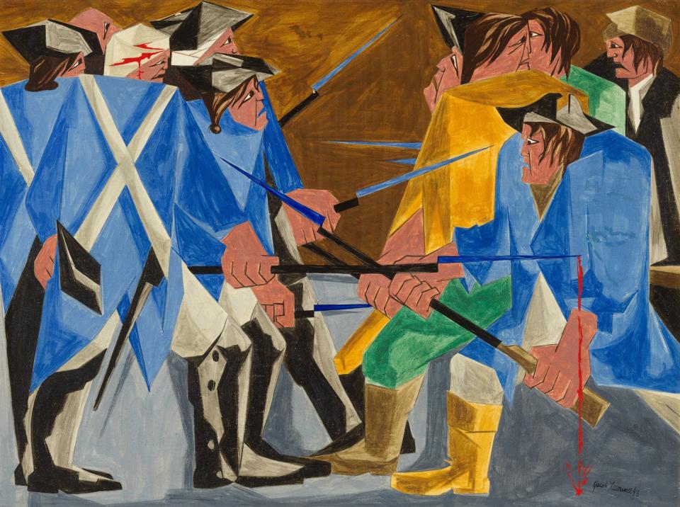 Jacob Lawrence’s revolutionary, 30-panel series, “Struggle: From the History of the American People” is in a touring exhibition at the Seattle Art Museum. Shown here is Panel 16, painted in 1956.