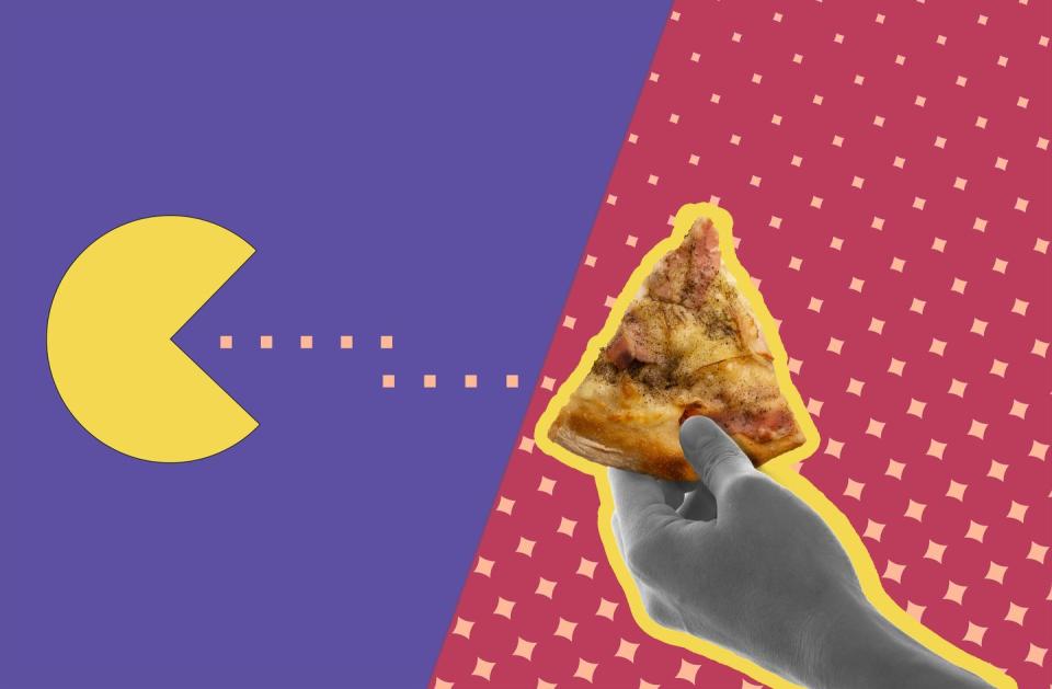 a hand holds a piece of pizza on a pink backgroundpacman eats pizza digital collage modern art