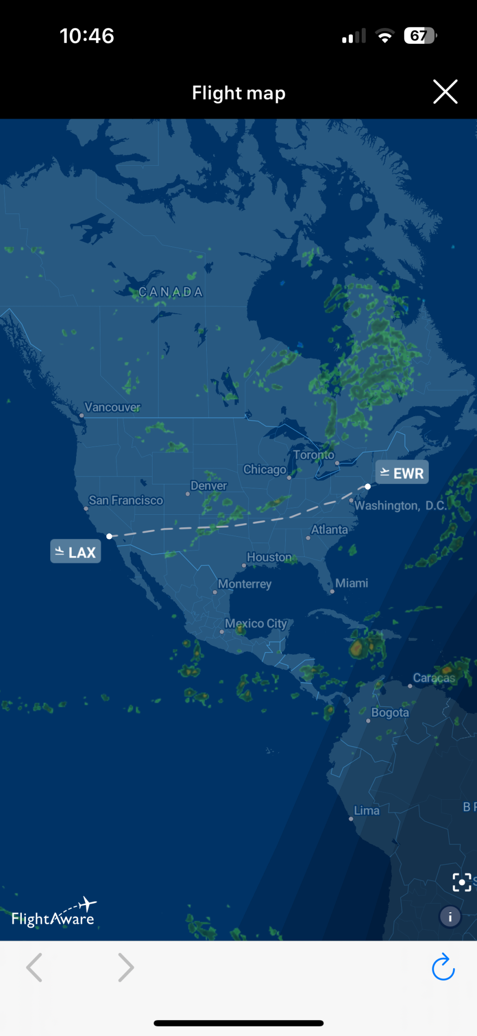 Weather map screenshot from the United Airlines app.