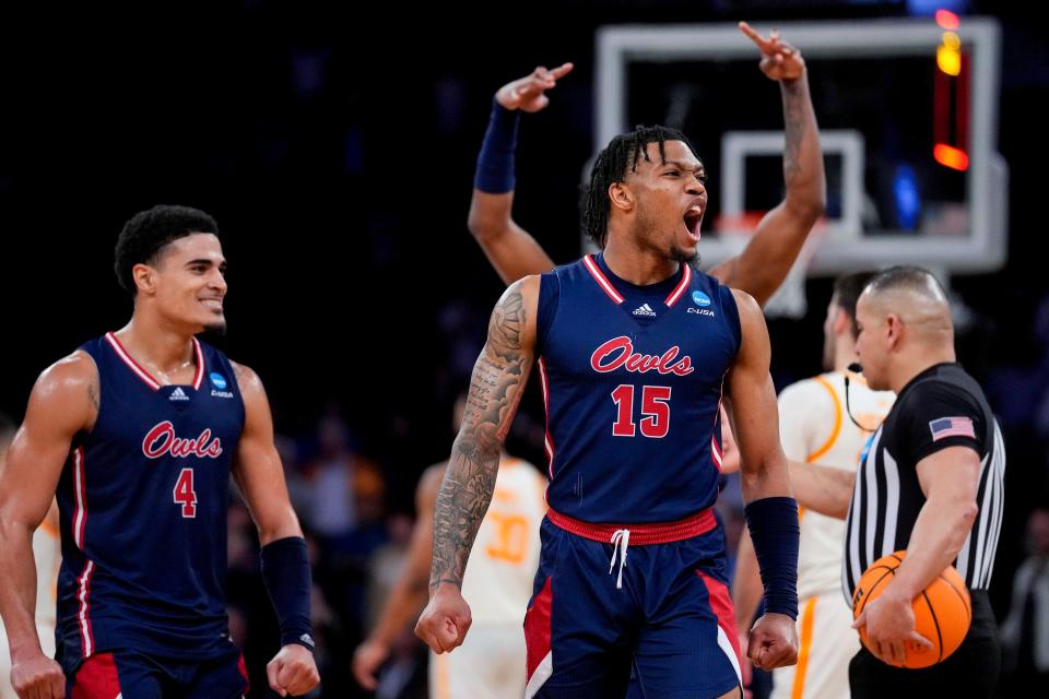 Florida Atlantic guard Alijah Martin (15) celebrates after the Owls defeated Tennessee in the Sweet 16 of the NCAA men's tournament at Madison Square Garden.