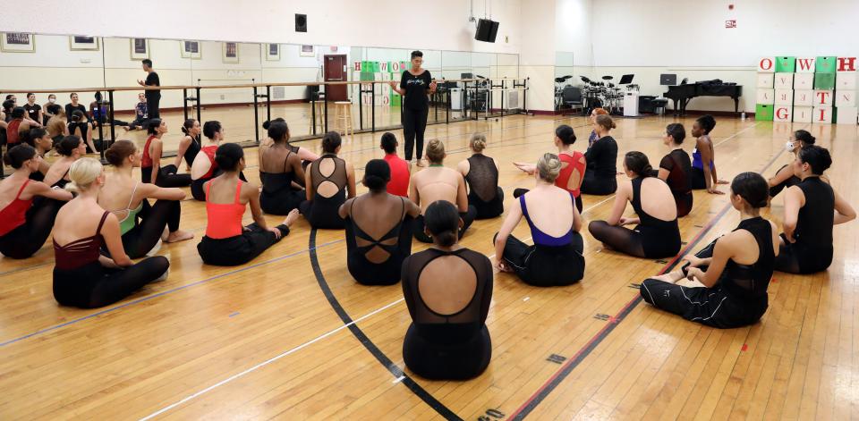 Instructor Lakey Evans-Peña from The Ailey School encourages dancers at the July Rockettes Conservatory to put into practice the Horton techniques and poses they have learned.