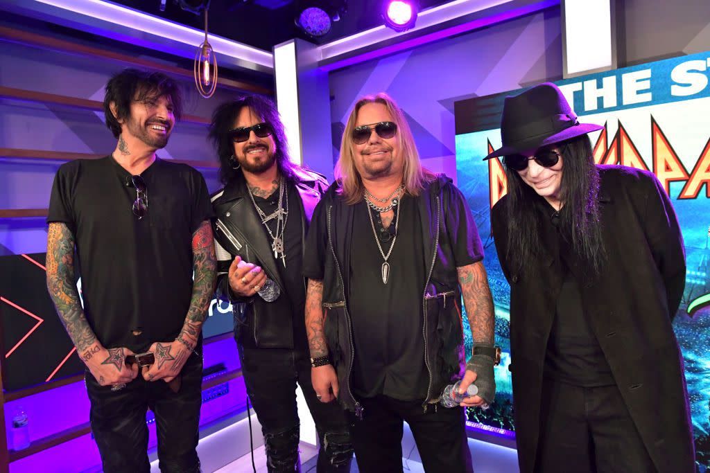 Tommy Lee, Nikki Sixx, Vince Neil, and Mick Mars of M?tley Cr?e attend the press conference for THE STADIUM TOUR DEF LEPPARD - MOTLEY CRUE - POISON at SiriusXM Studios on December 04, 2019 in Los Angeles, California